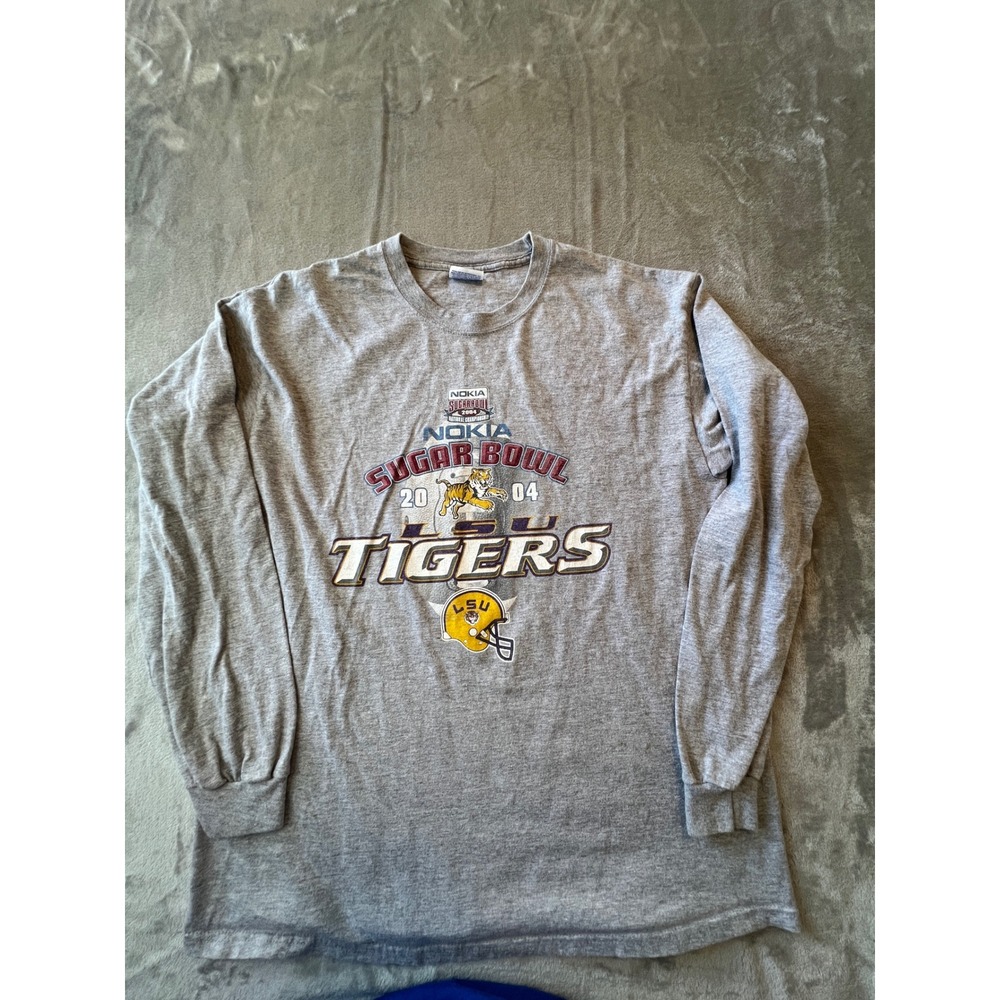 Hanes Shirt Mens Large Gray LSU Tigers 2004 Sugar Bowl Long Sleeve Beefy-T